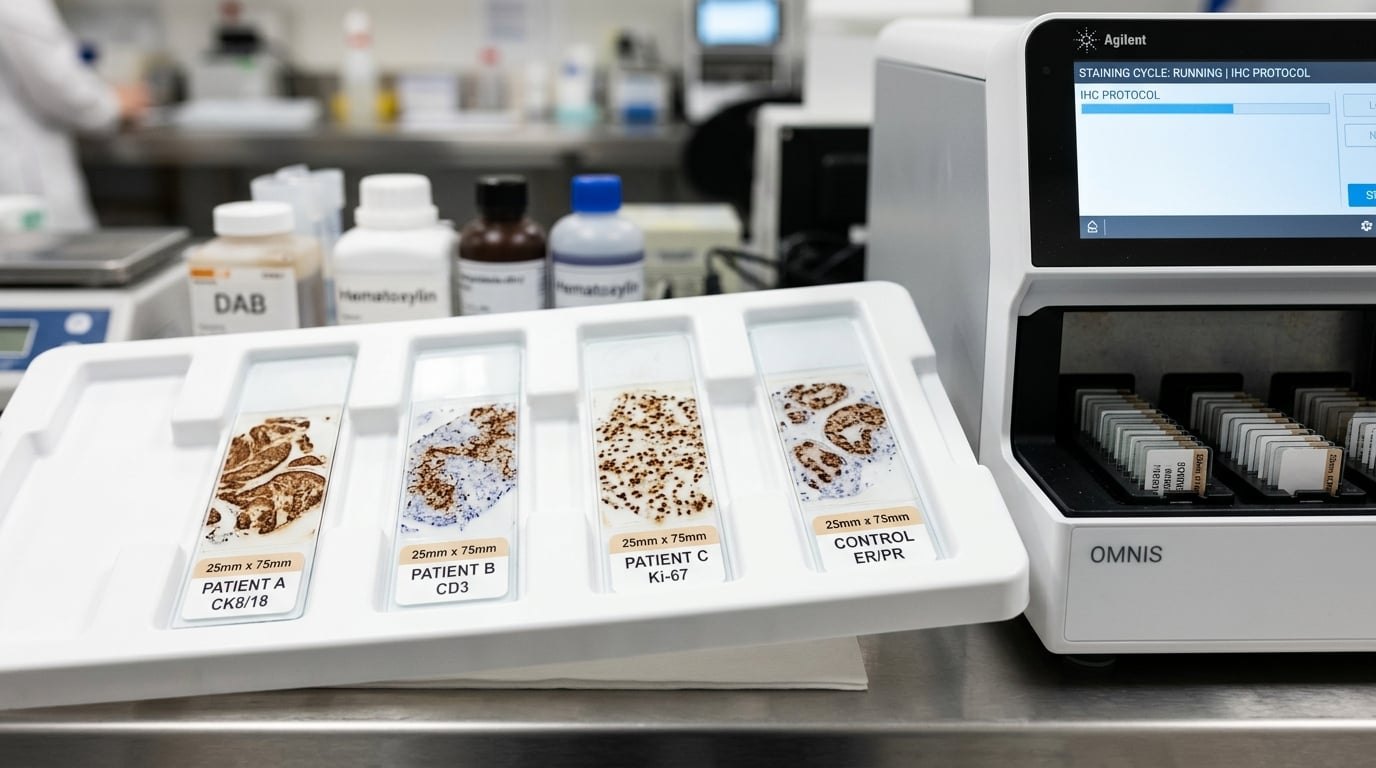 Иммуногистохимически окрашенные срезы ткани с коричневым DAB-сигналом под микроскопом