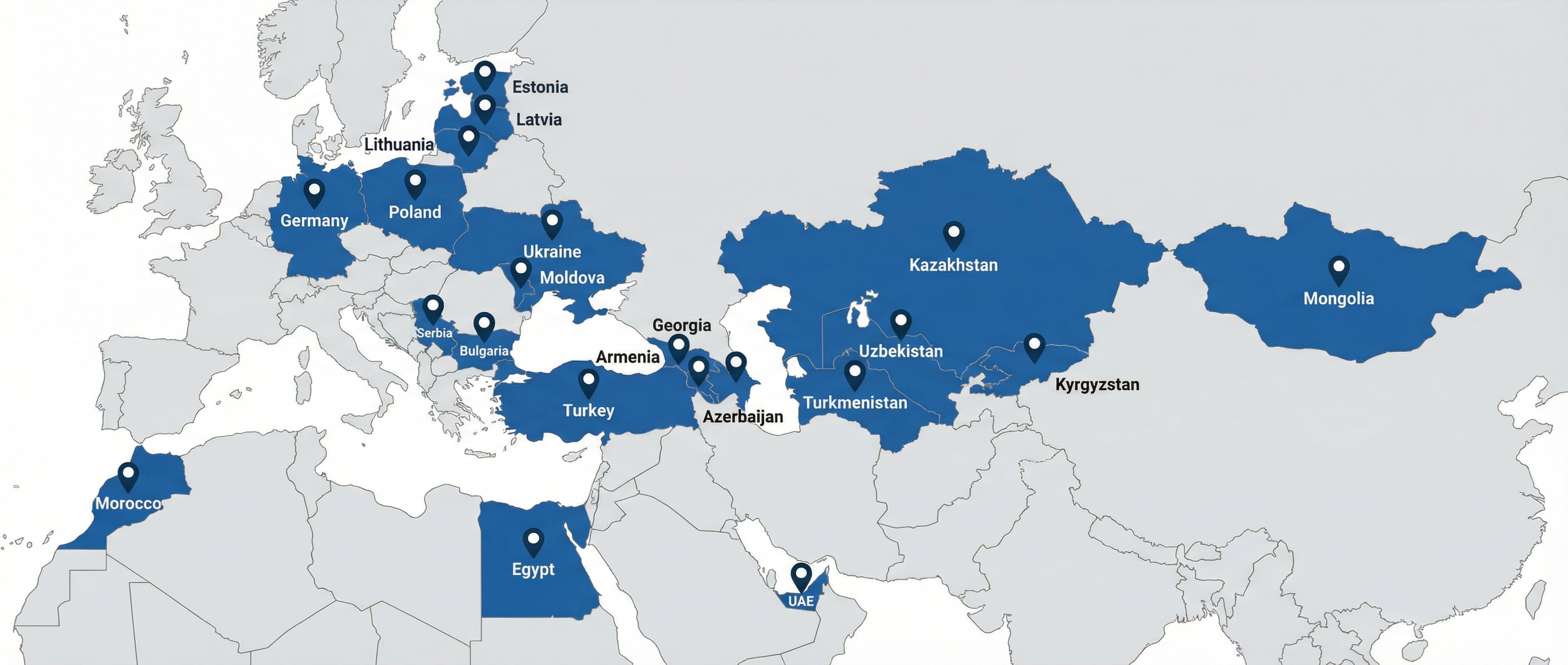 Map of KombiMED presence — 21 countries across 7 regions